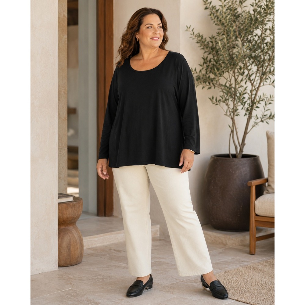 Eileen Fisher Top Womens 2X Brown Rayon Lycra Long Sleeve Scoop Neck Stretch